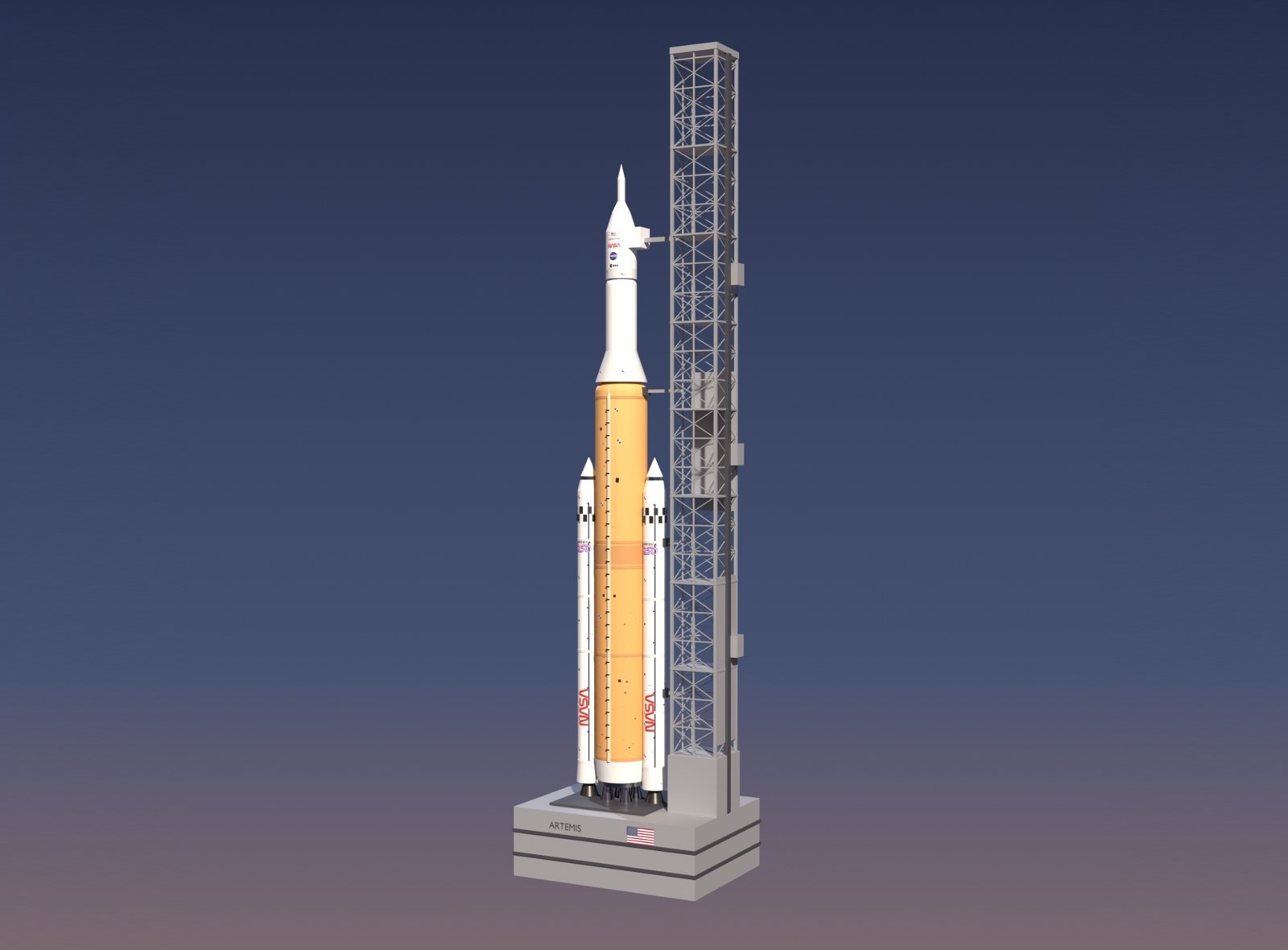 The Artemis II SLS rocket on its launch pad at dusk, rendered in Blender
