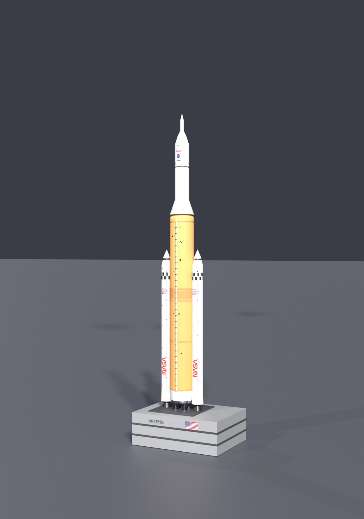 A clean three-quarter view of the full stack on its launcher