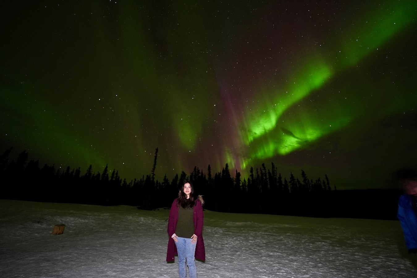 Me standing under the green aurora on a snowfield in Alaska