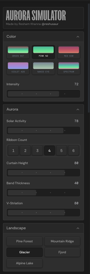 The control panel: color swatches, an intensity slider, and sliders for solar activity, ribbon count, and curtain height