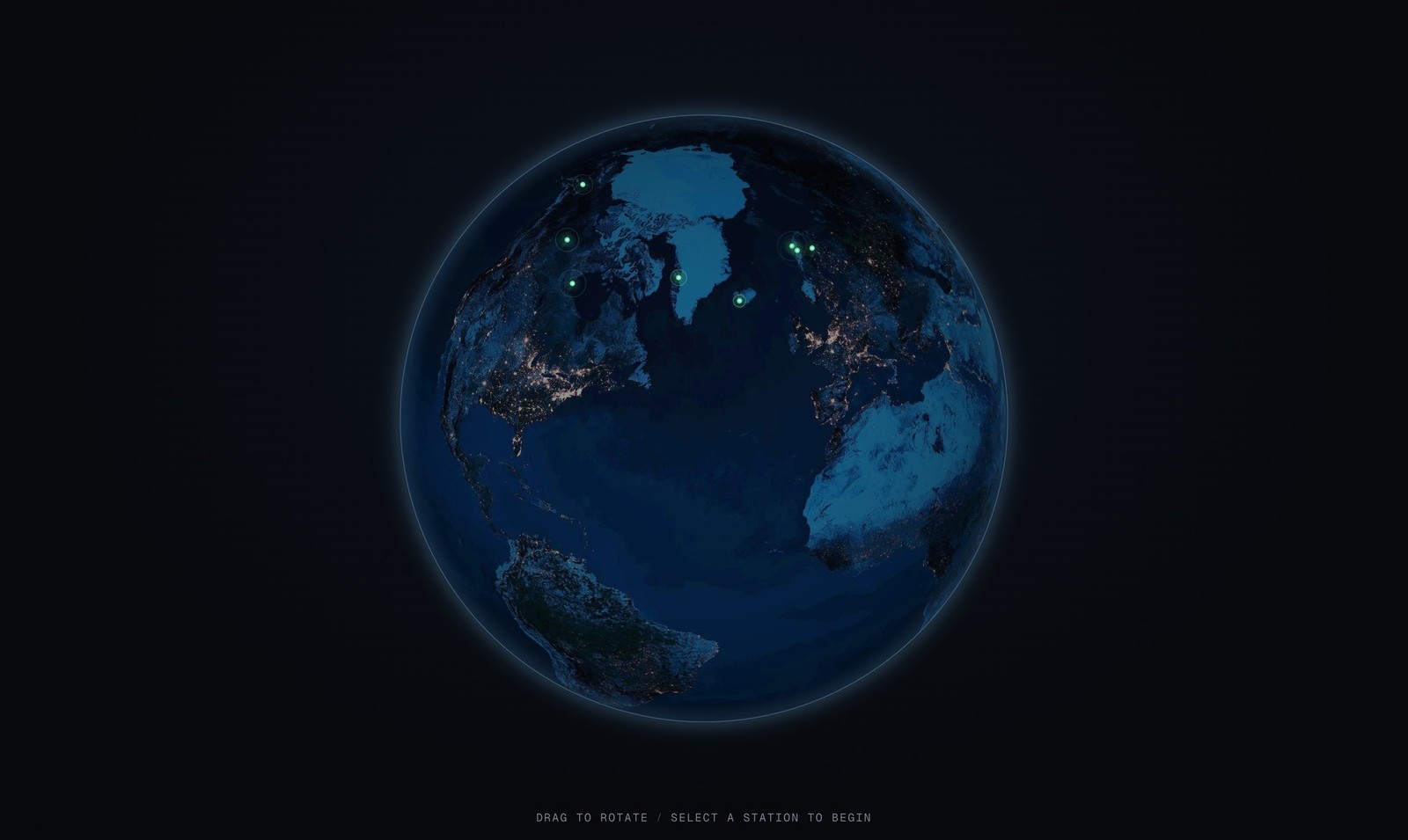 A slowly turning Earth in space, with green markers on spots to watch the aurora in the far north and south