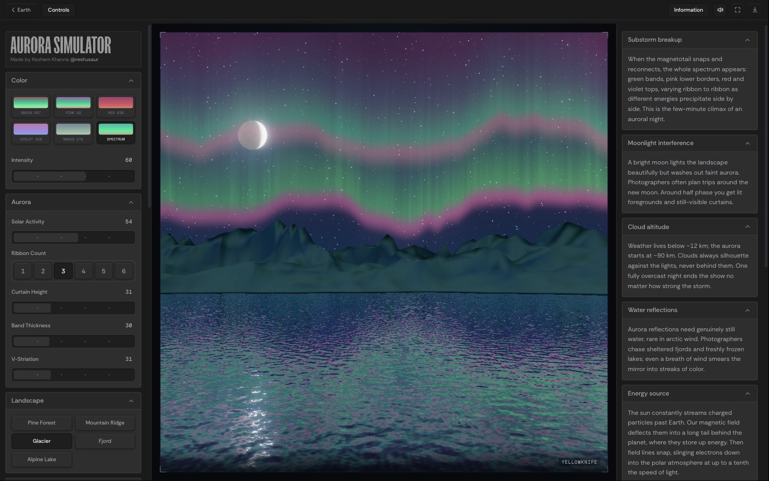 Where you land: a green aurora over a mountain lake, with the controls to either side