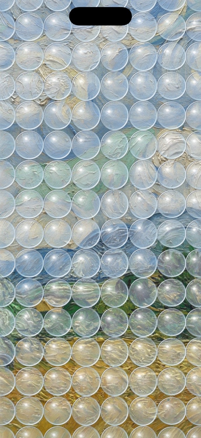 Mid uncover: the translucent wrap with the painting half visible underneath