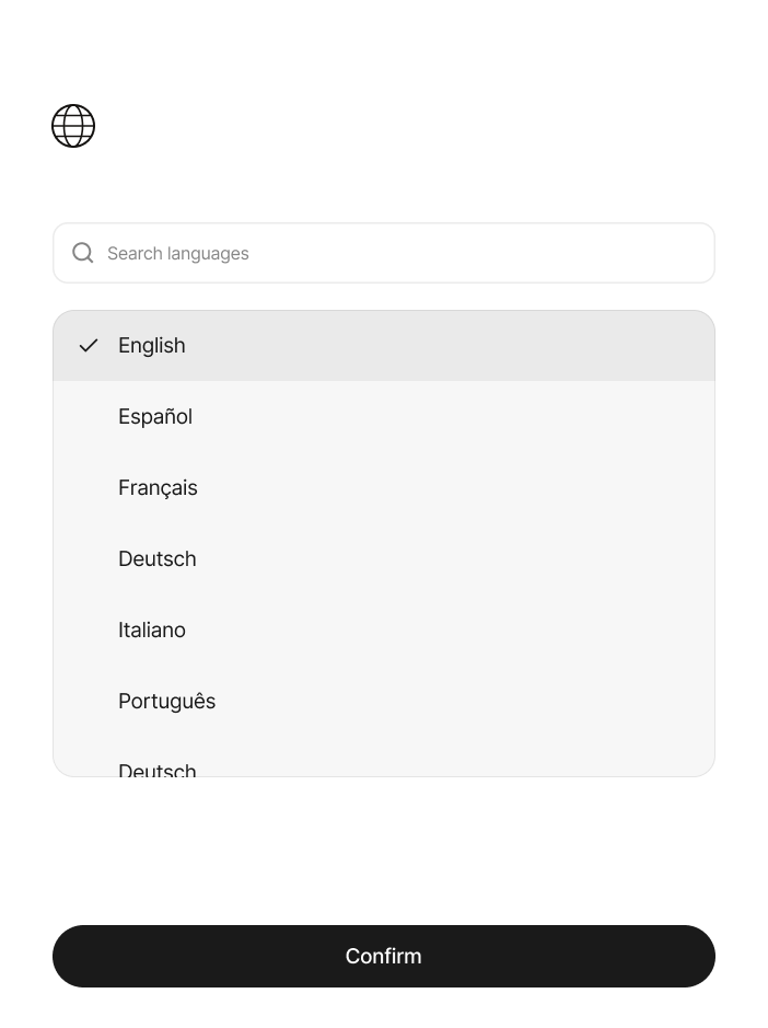 The language screen after, with a globe and a self-naming list