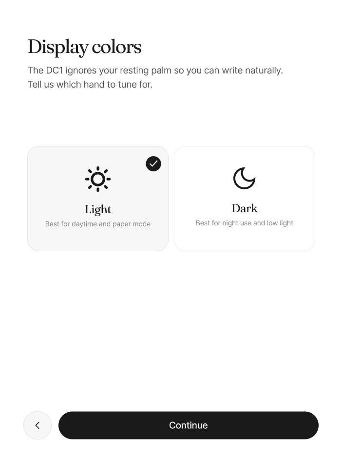 A display settings screen showing light and dark as a real choice mapped for epaper