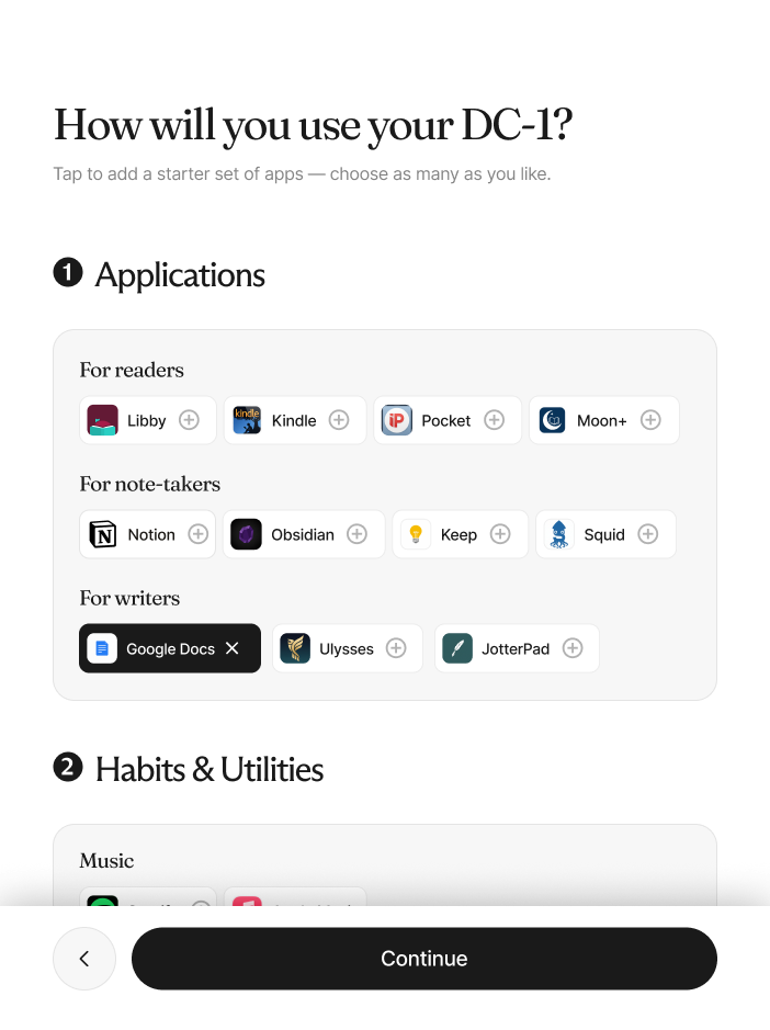 The app bundles screen: apps grouped for readers, note-takers, and writers