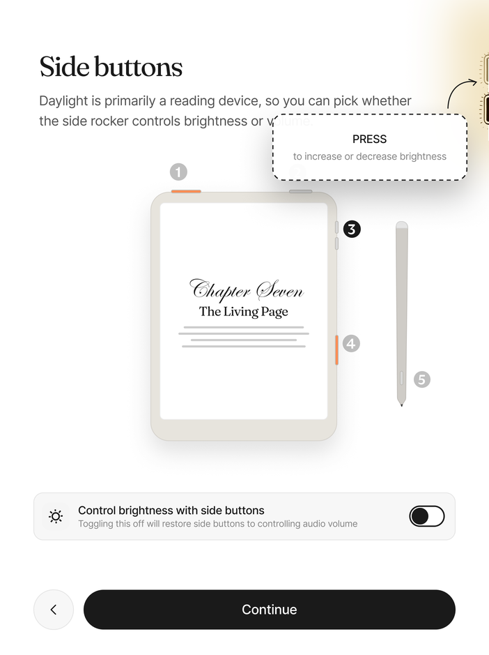 The side buttons step, choosing whether the side rocker controls brightness or volume