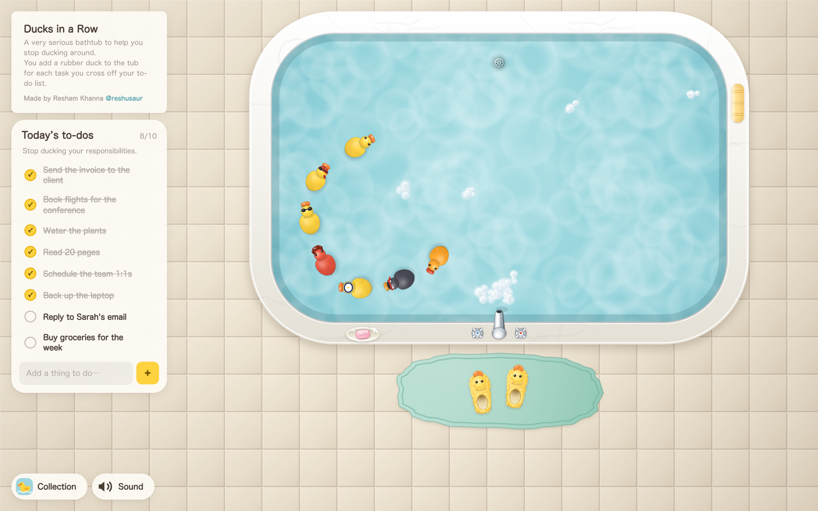 The Ducks in a Row screen: a to-do list on the left and a bathtub of rubber ducks on the right