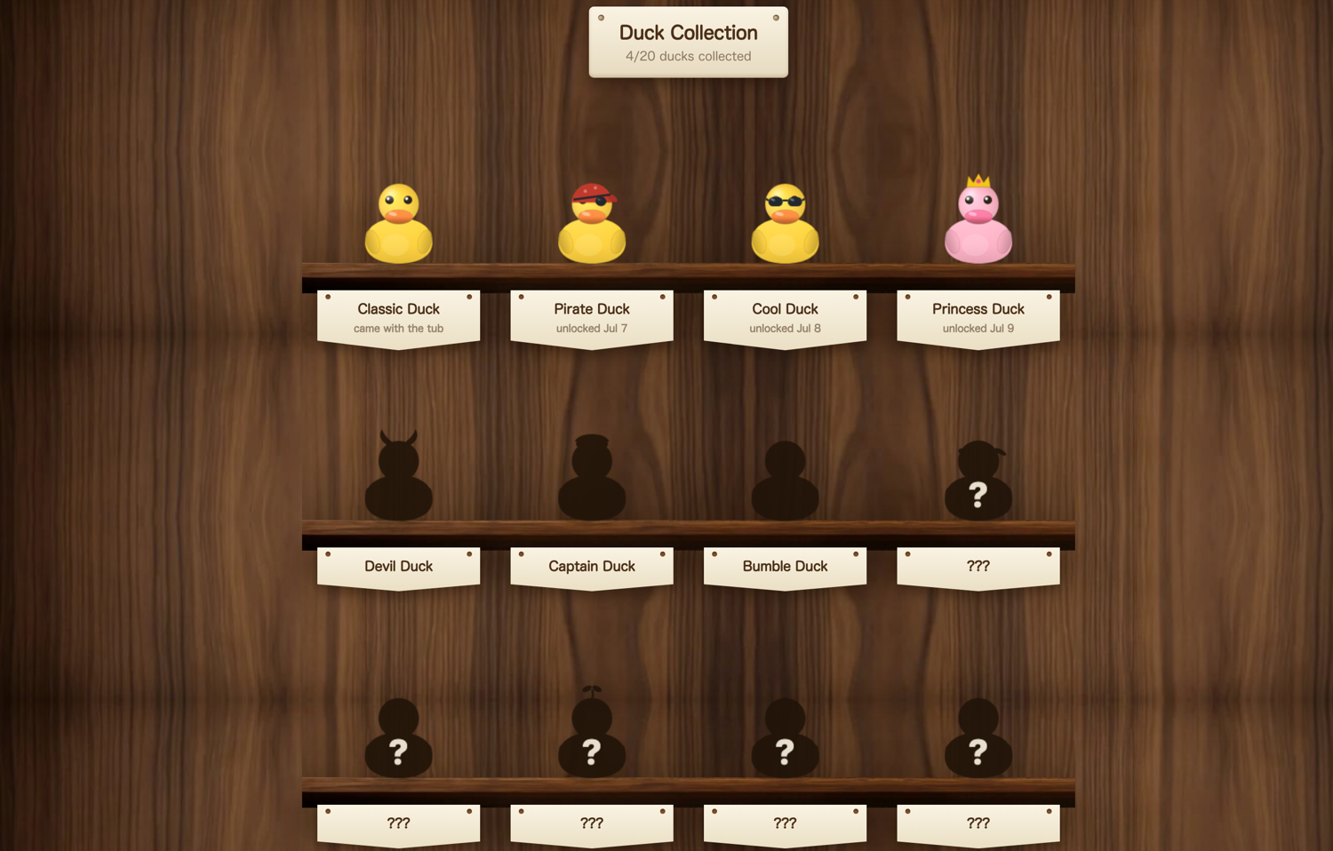 The duck collection case: four ducks unlocked in color with names and dates, the next few as named silhouettes, and the rest as question-mark mystery ducks