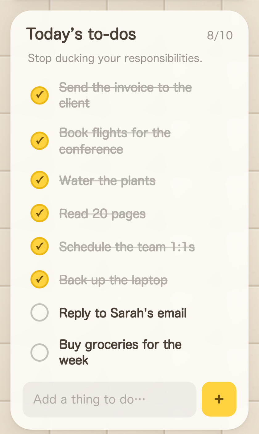 A close view of the to-do list, with finished tasks crossed out and two still to do
