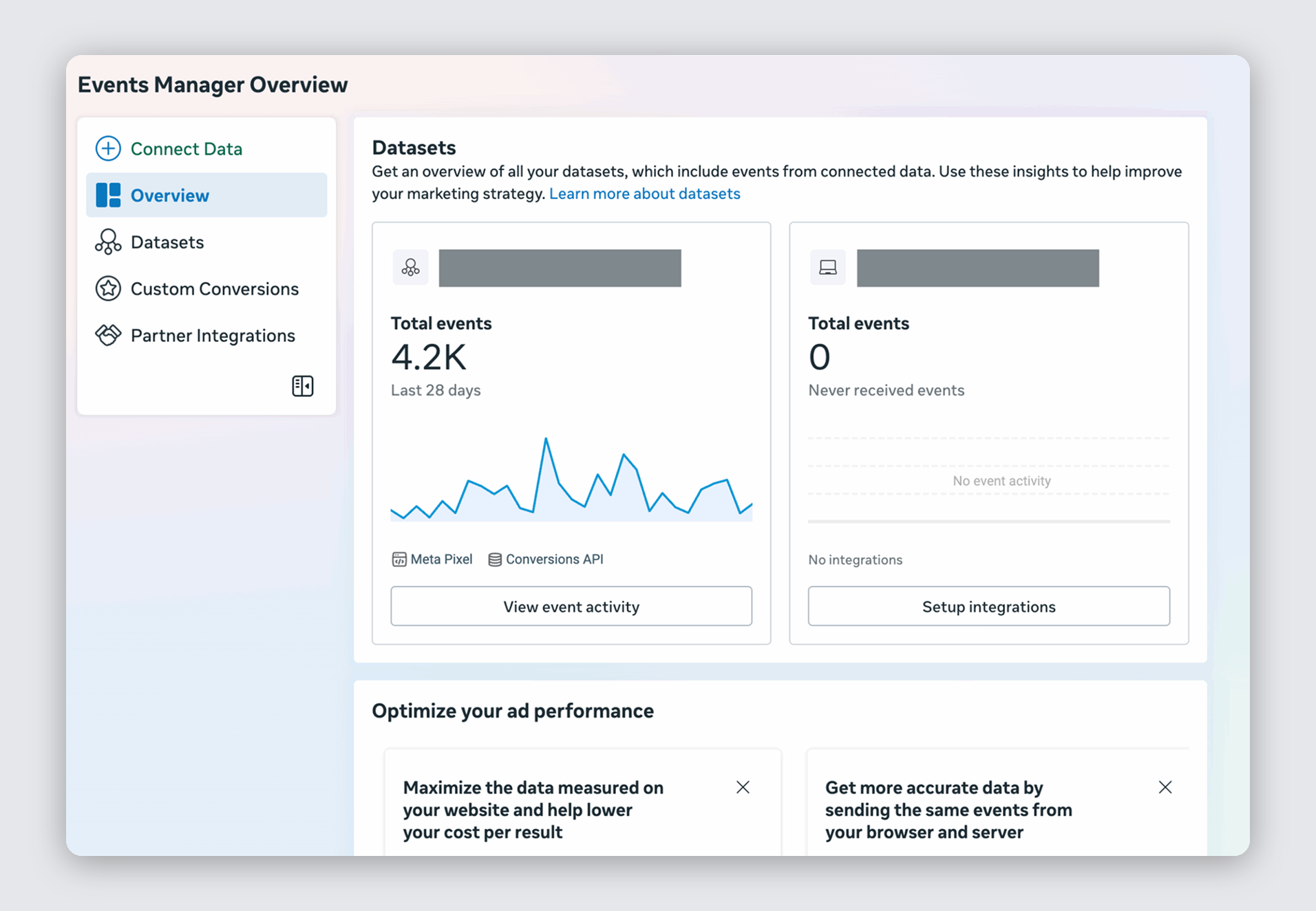 The Events Manager interface for setting up and managing ad data sources