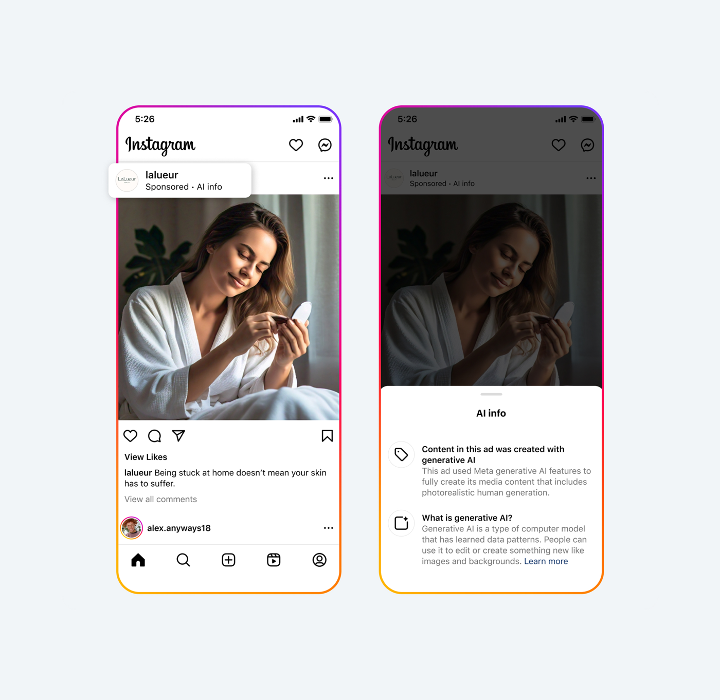 Instagram ad with the AI info label, and the same ad with the AI info panel open