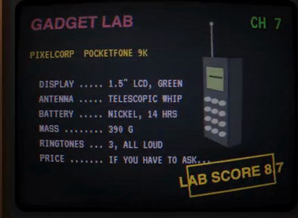 Gadget Lab, a mock review of the PocketFone 9K with a spec sheet