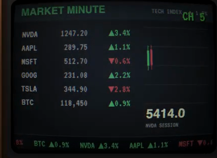 Market Minute, live tickers and a candlestick chart painting itself in