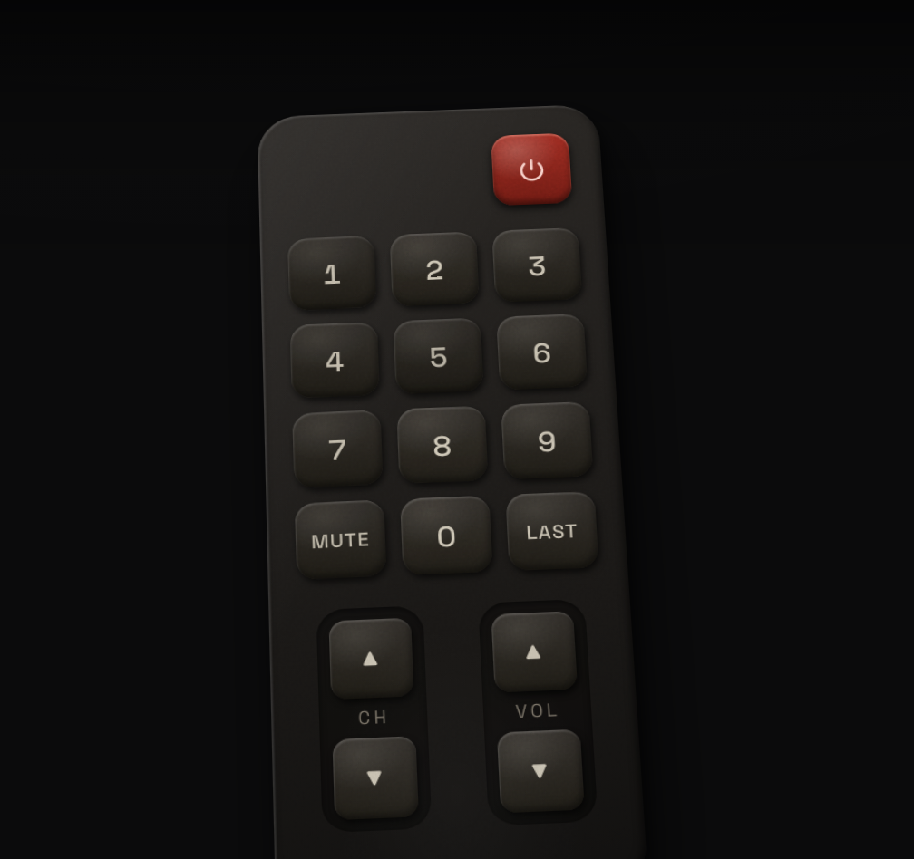 The remote risen into view as the cursor nears it, the full keypad facing you