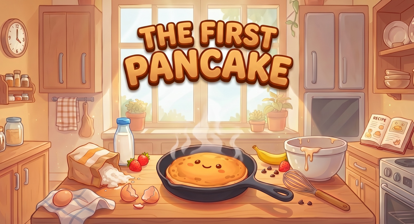 The First Pancake cover, a smiling pancake in a skillet in a cozy illustrated kitchen