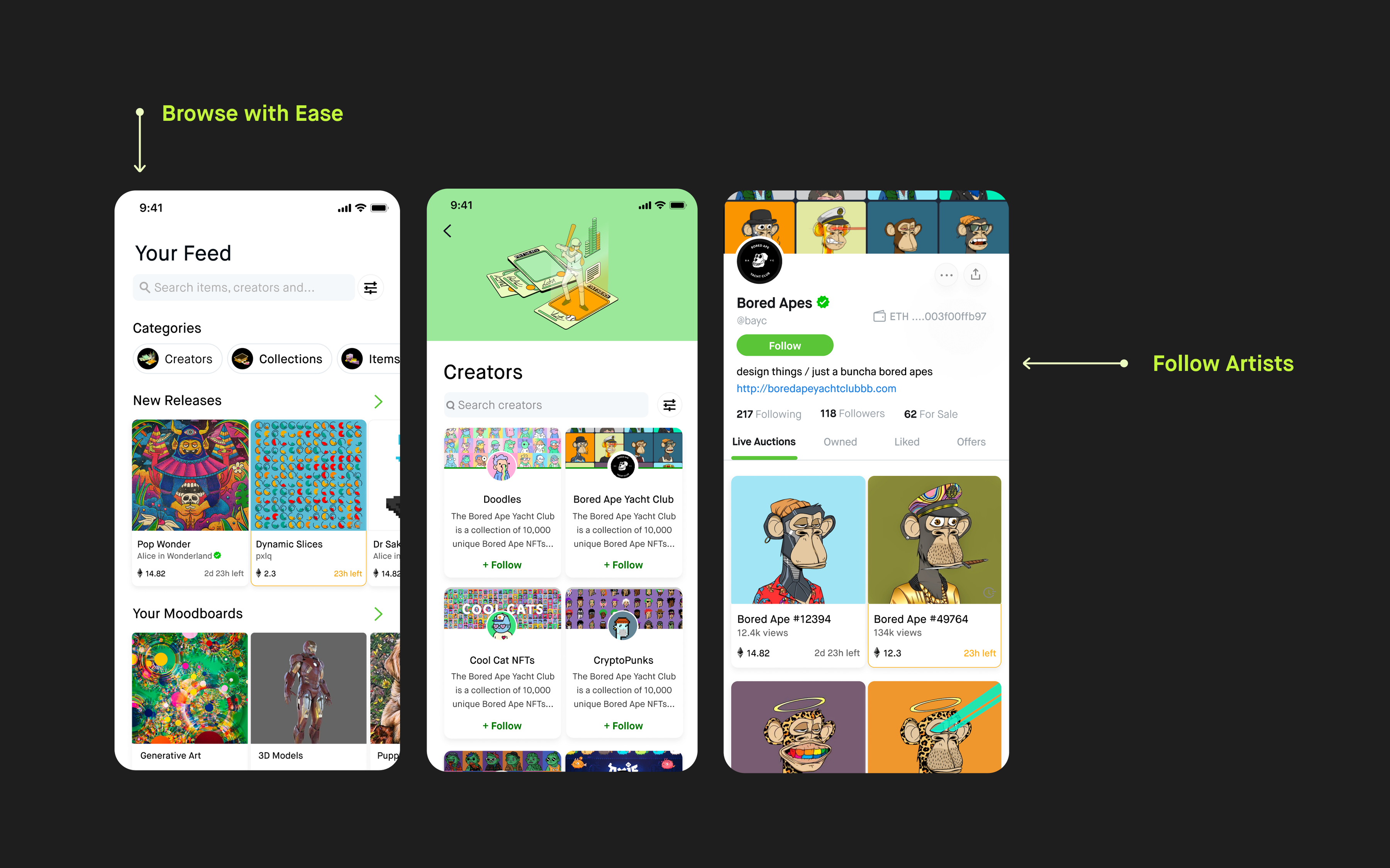 Three phone screens: Your Feed, the creators directory, and a creator profile