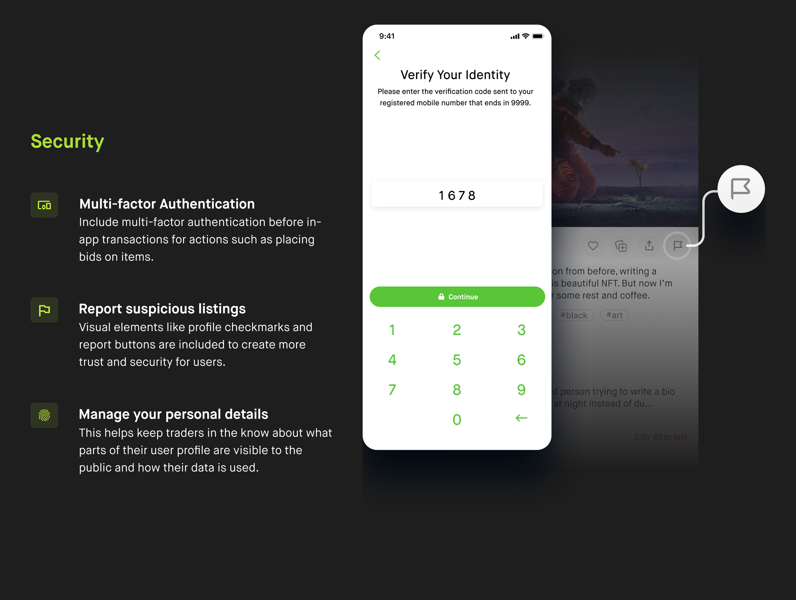 Security: multi-factor authentication, report suspicious listings, and manage personal details, beside the Verify Your Identity screen and an item page with a report flag