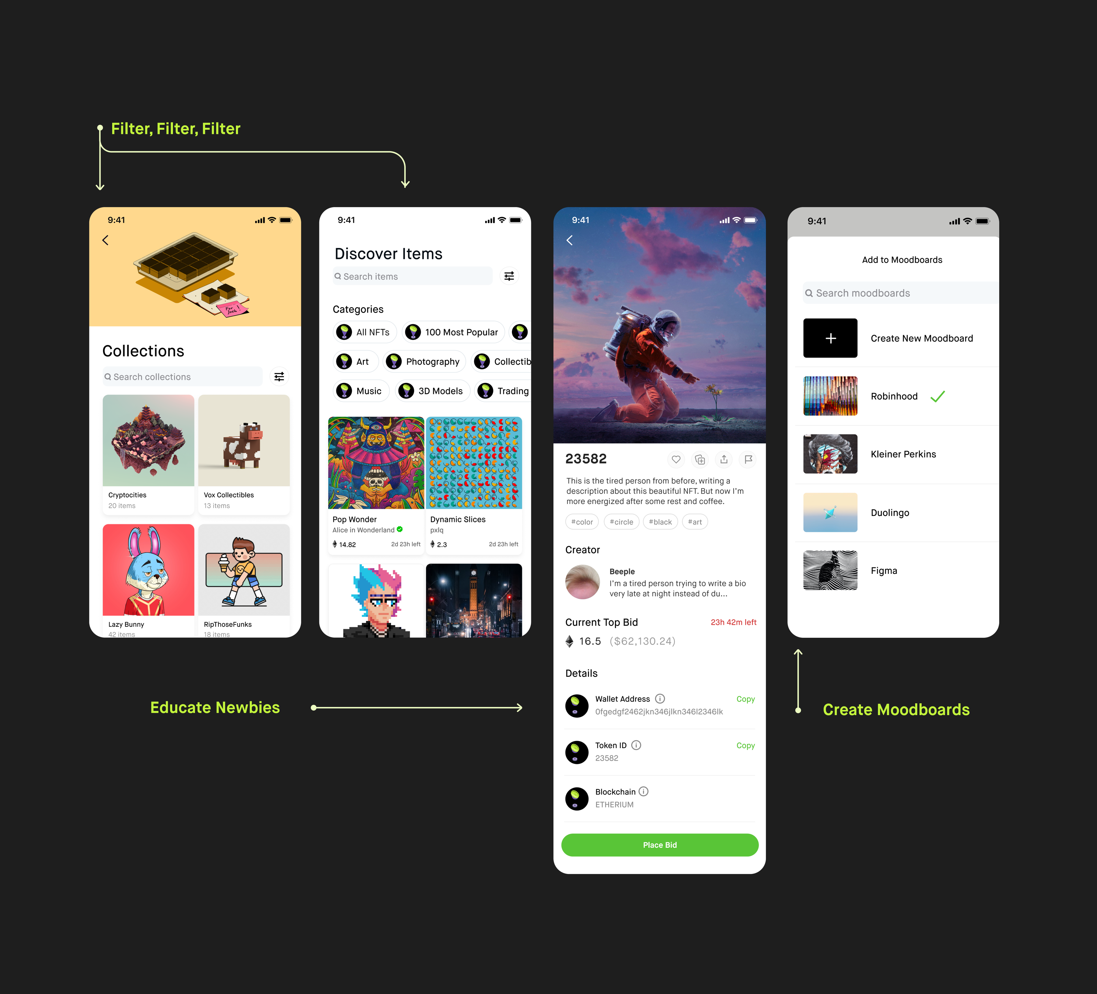 Four phone screens: collections, Discover Items with filters, an NFT item page, and Add to Moodboards