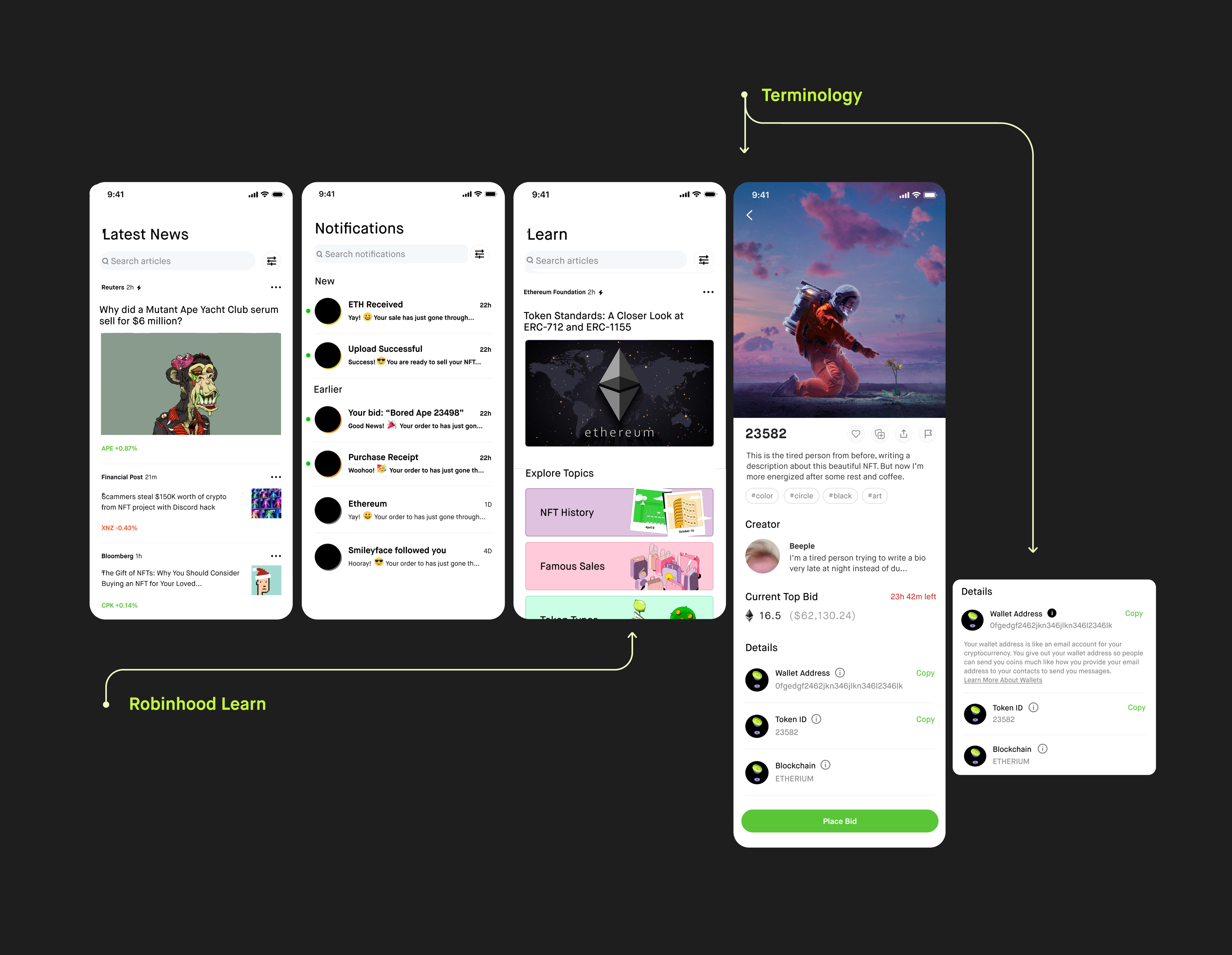 Four phone screens: latest news, notifications, the Learn hub, and an item page with a details callout