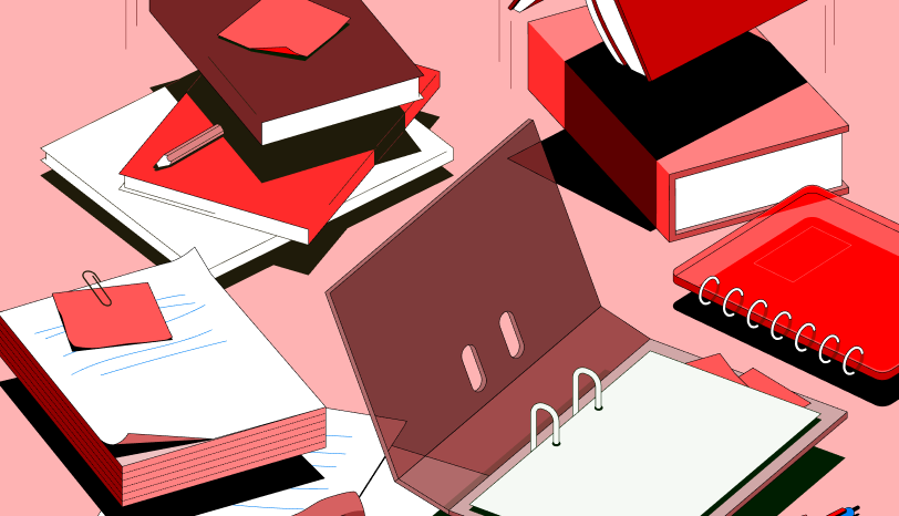 Illustration for education: a scattered desk of books, papers, and a binder