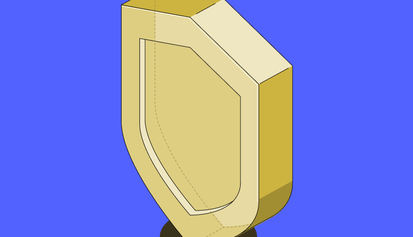 Illustration for security: a gold shield on a periwinkle field