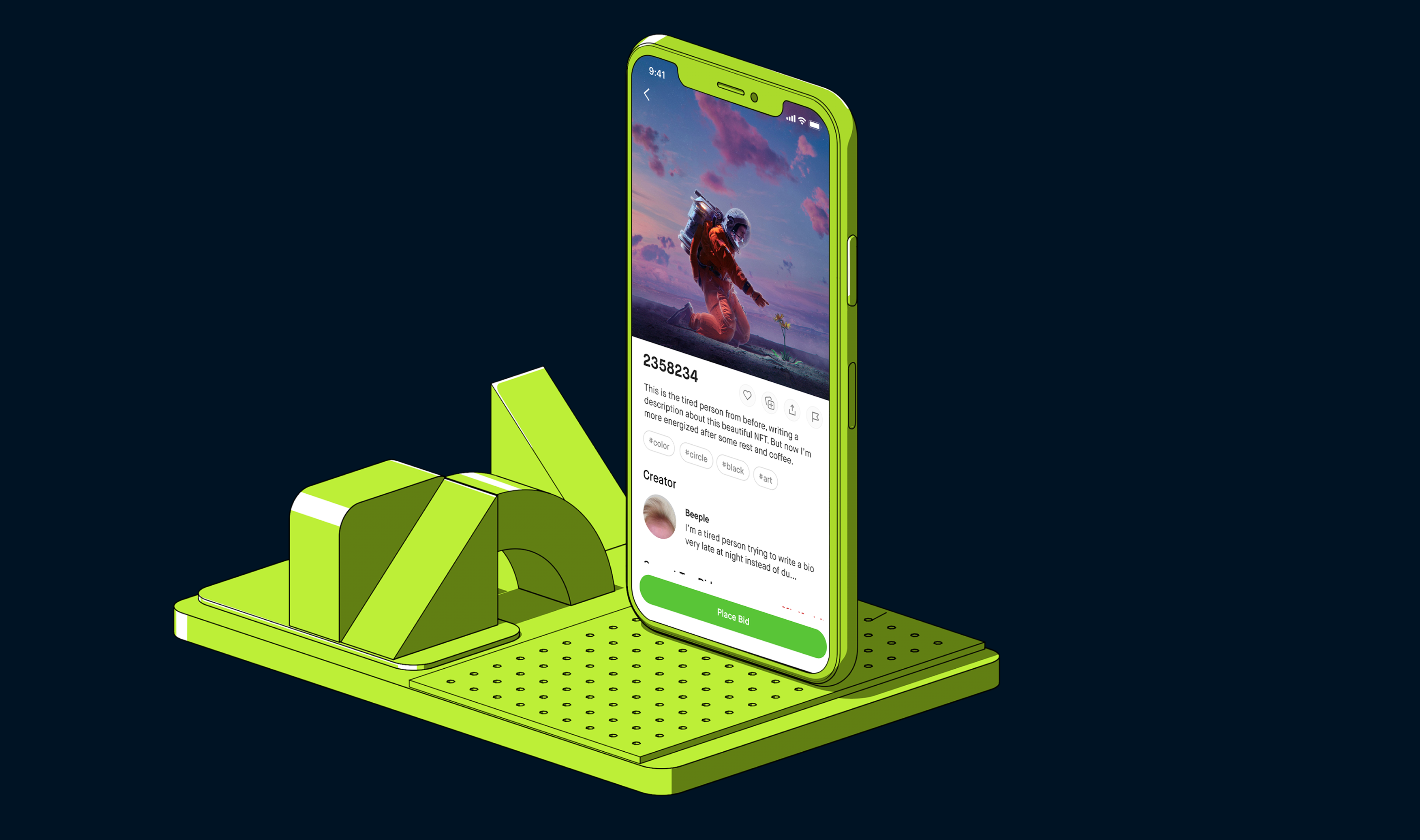 A lime-green iPhone showing the Robinhood NFT marketplace item page, on a matching 3D pedestal against a dark navy background