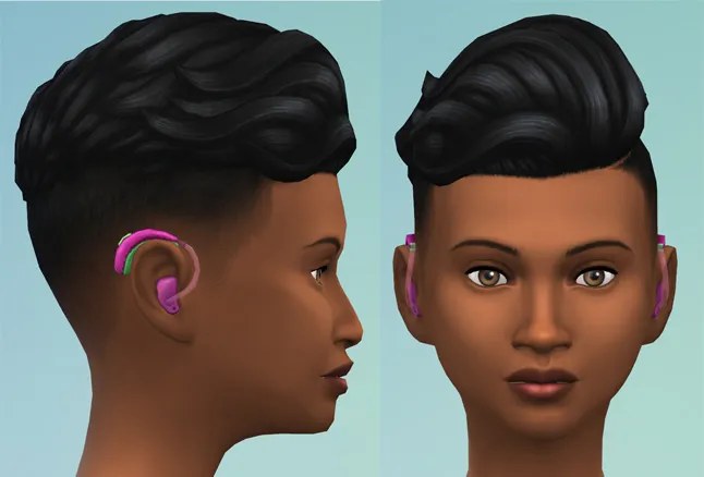 Create-a-Sim hearing aids shown on two Sims, in a range of colors