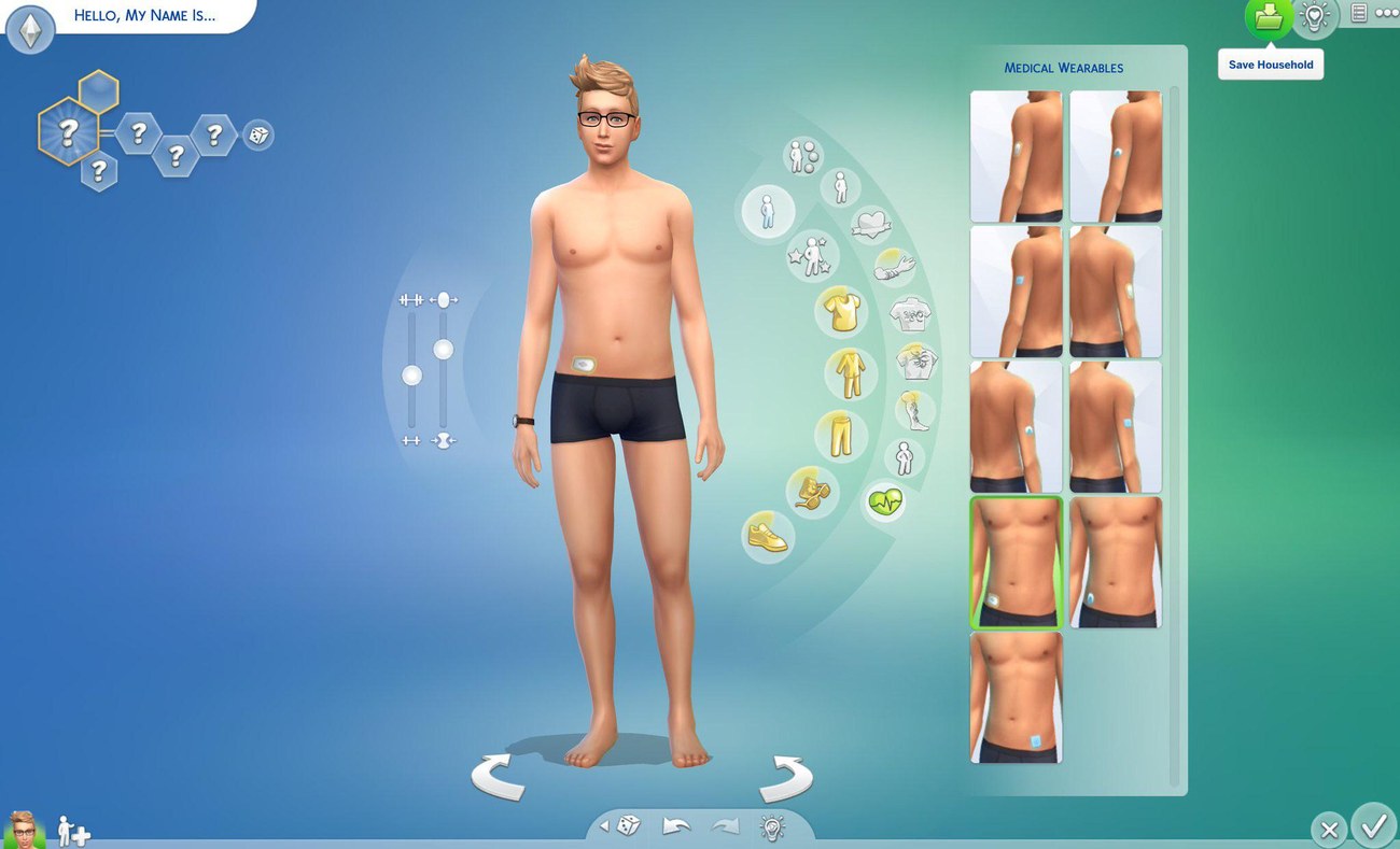 The Create-a-Sim catalog showing the range of medical wearables