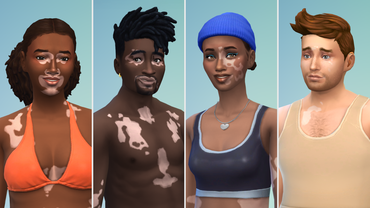 Four Sims showing the official Create-a-Sim vitiligo options released with the Winnie Harlow collaboration