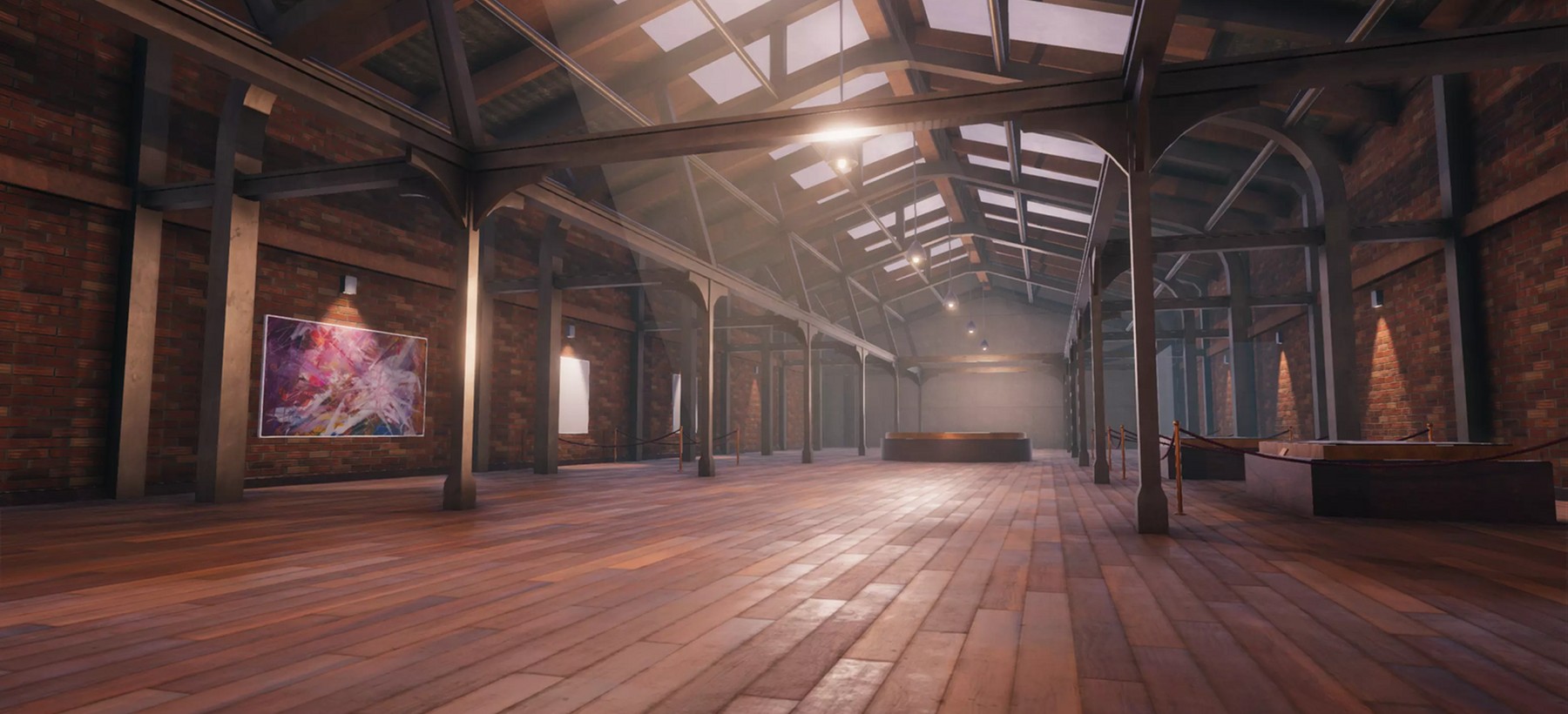 The empty timber showroom hall we started from, all trusses and wood floor