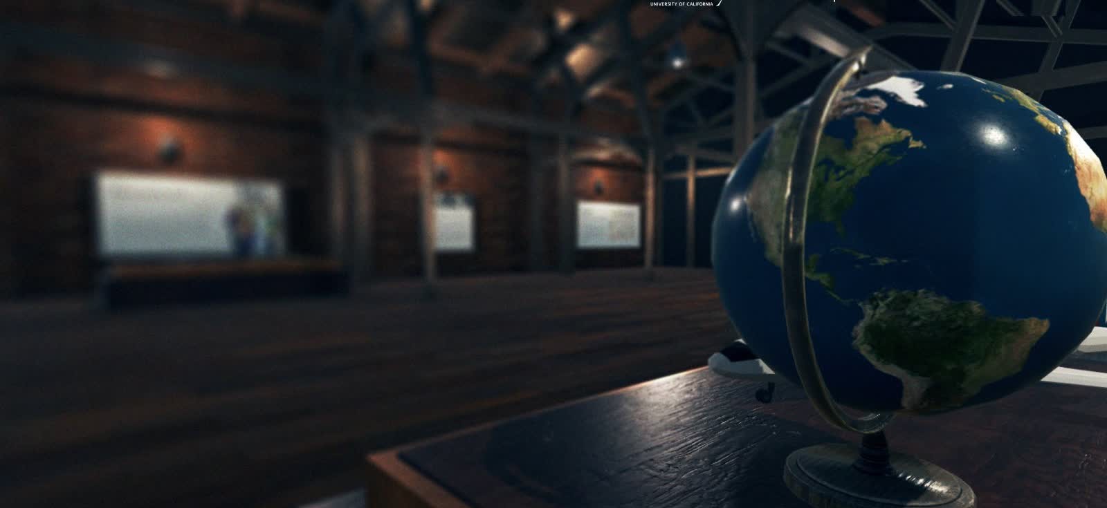 A detailed 3D globe on a wooden plinth in the dim, warmly lit museum hall