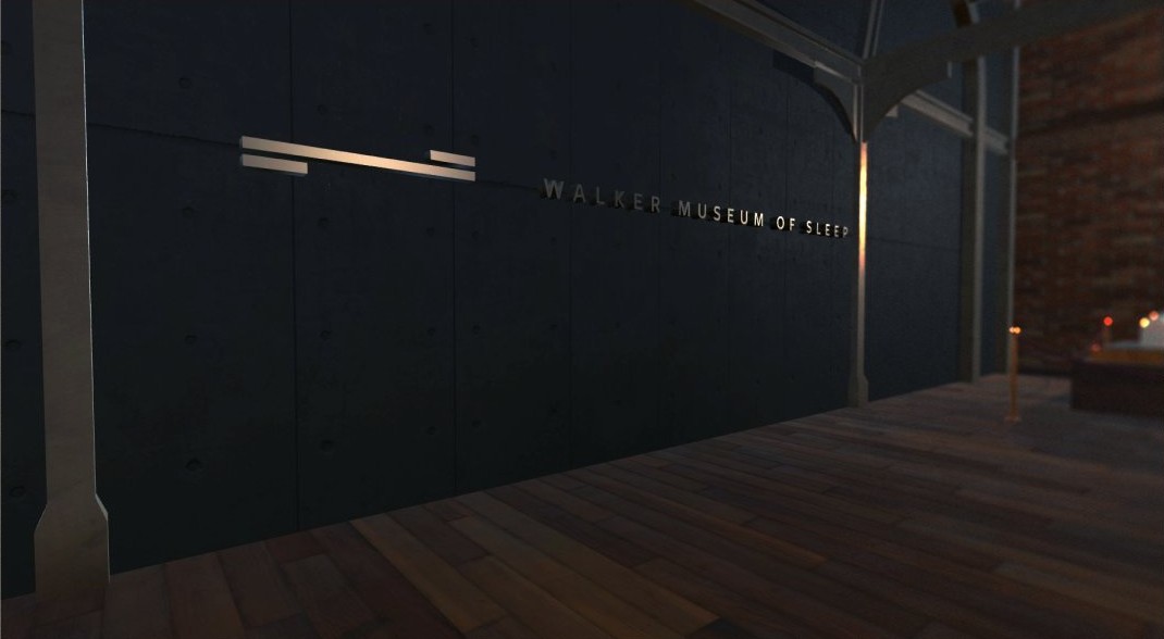 The dark entrance wall, with Walker Museum of Sleep glowing on black concrete