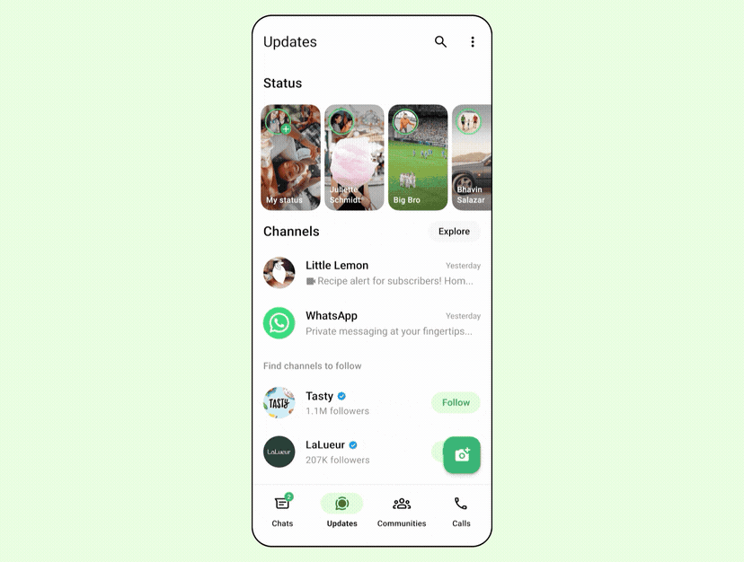 The WhatsApp Updates tab showing ads in Status and business Channels